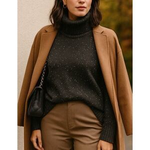 Michael Kors Womens Wool Black Topstitch Chunky Speckled Turtleneck Sweater sz S